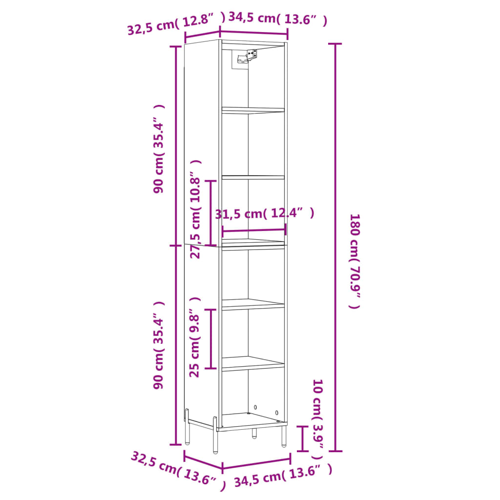 Highboard Schwarz 34,5x32,5x180 cm Holzwerkstoff